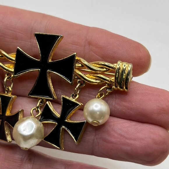 Vintage Black Enamel Cross Imitation Dangling Pearls Bar Brooch Costume Jewelry - Picture 5 of 9